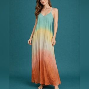 HEM & THREAD Pastel Ombre Tie Dye Spaghetti Strap Maxi Slip Dress